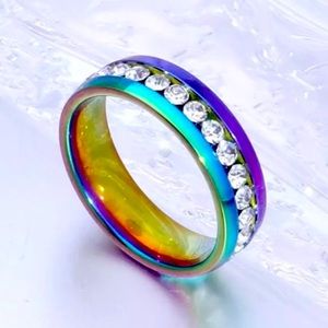 NWT Rainbow Stainless Steel & Rhinestone Band Ring